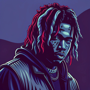 Cartoon illustration of Lil Pump. Bold color palette with reds and purples. Focus on face with detailed, colorful hair and facial markings. Serious expression. Flat graphic style with bold lines. Vibrant colors. Solid color gradient background.