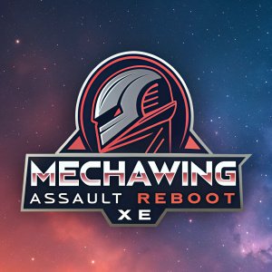 Revised logo design for Mechawing Assault Reboot XE. Features sleek, futuristic emblem and bold text on cosmic, gradient background.