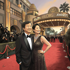 Ken Jeong and Dr. Tran Jeong, both in formal attire, posing confidently on the bustling red carpet of the Golden Globe Awards.