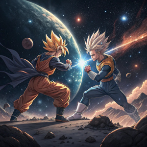Digital art featuring Goku and Vegeta sparring in outer space. Stars and galaxies in the background.