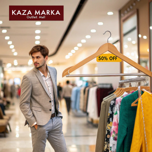 Digital ad for Kaza Marka Outlet Mall. Collage includes a stylish male model, wooden hanger with 50% off tag, and vibrant fashion items.