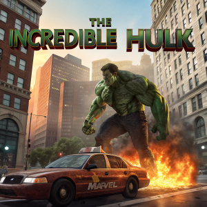 Movie poster for 'The Incredible Hulk'. The green hulk, looking menacing, standing over a burning police car in the cityscape. Title and Marvel logo prominently displayed. Colors range from vibrant green to fiery orange and dark brown.