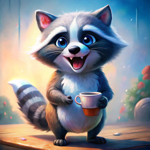 in a coffee shop, super cute pixar style full body racoon, sleepy eyes, yawning, drinking a cup of coffee, high detailed, bright color, natural light, simple background, octane render, ultra wide angle, 8K