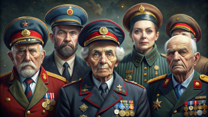 elderly people in costumes of Soviet soldiers-sailors