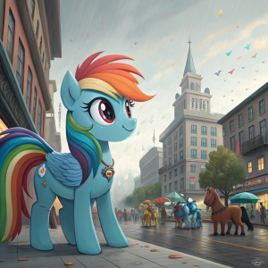 Rainbow Dash, a character from My Little Pony: Friendship is Magic, with her signature vibrant mane and unique style. Set in a bustling Equestrian cityscape, surrounded by other beloved characters and colorful designs typical of the franchise.