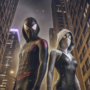 Digital illustration featuring Miles Morales and Gwen Stacy from Spider-Verse. Urban landscape backdrop