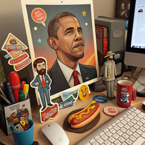 A creative desktop scene featuring Barack Obama's portrait mixed with collectibles like Hot Dog AspNet stickers, Bearded Figurine, Pancake Man, Brothers 4, and Slow Burning stickers, along with various figurines and memorabilia.
