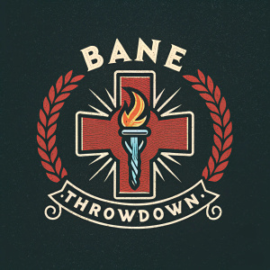Logo design for the brand Hatebreed. Combines a medical cross with a flame. Words 'BANE' and 'XTHROWDOWNX' included.