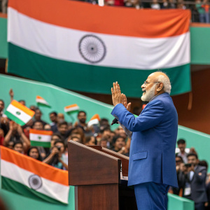 Narendra Modi, Indian leader, in a blue suit, addressing crowd. Vibrant audience reactions. Event with Indian flag backdrop.