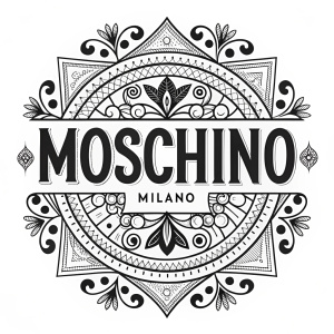 Fashionable Moschino logo design, featuring bold black letters 'MOSCHINO' above 'MILANO', with intricate design elements.