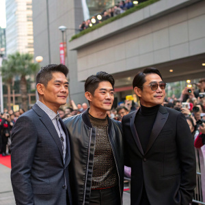 Aarif Lee, Aaron Kwok, and Tony Leung Ka Fai at an outdoor press conference. Crowds of fans and reporters in the background.