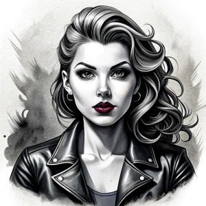 motorcycle bikerlady tattoo design - perfect realistic art - high-definition - grey and black - white background 