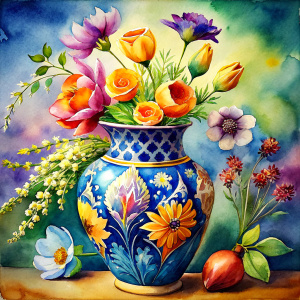 a WATERCOLOR IMAGE , Antique Bohemian Enamel space  Blue  Vase classic, shape and a painted lotus vine pattern. Ceramic vase , THERE ARE IN THE VASE : watercolor  yellow  WILD FLOWERS ,GREEN pink WEEDS ,burgundy PEONIE,range  Bougainvillea, PURPLE dandelion ,yellow  geranium,TOFFEE Narcissus, ochre crocusES ,dusky pink daffodil ,orange roses ,amaranth Damarion s, red tulips , orfreesia ,sienna orange lavender Common Crape Myrtle ,Watsonia ,tritoma.carmine Chandramallika, mburgundy VIOLETS 