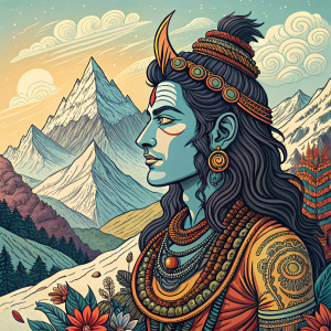 Hand-drawn digital illustration of Lord Shiva. Colorful flat design, intricate patterns, mythical mountain landscape, bold lines