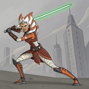 Ahsoka Tano, in action pose, wielding green lightsaber. Gray cityscape background, neutral tones