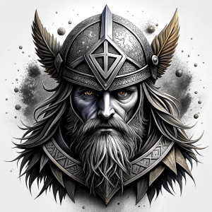 walhalla, viking warrior,  runics face, black work, white backrounds