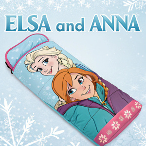 A cozy, cartoon-themed sleeping bag featuring Elsa and Anna from Disney's Frozen series, with the words 'Elsa and Anna' emblazoned across the front.