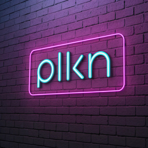 Digital illustration of a brand logo 'Plkn' in a sleek sans-serif font on a neon background.