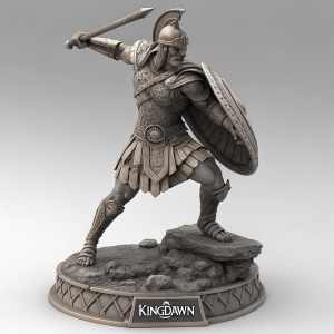 Digital illustrations showcasing a statue of a warrior. Robust, athletic physique in dynamic pose. Stone-like material with intricate details of attire, including tunic and distinctive helmet. Monochromatic palette with shades of gray. 'KINGDAWN' logo discreetly at base.