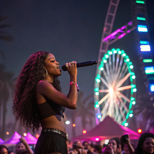 Azealia Banks performing at Coachella. Long dark curly hair, black crop top. Stage is lit with vibrant, colorful lights and surrounded by festival-goers.