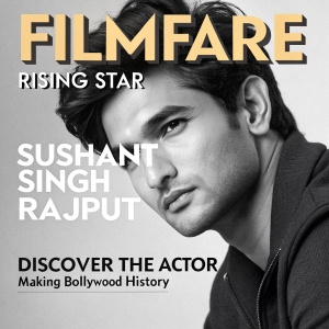 Filmfare Magazine Cover. Main Image: Sushant Singh Rajput in grayscale, modern hairstyle, intense expression. Cover Line: 'Rising Star'. Model Credit: Sushant Singh Rajput. Selling Line: 'Discover the Actor Making Bollywood History'. Masthead: Filmfare.