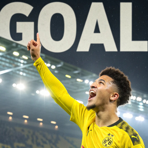 Jadon Sancho, the young soccer star, celebrates his latest goal with a massive 'GOAL' graphic. Bright stadium lights in background.