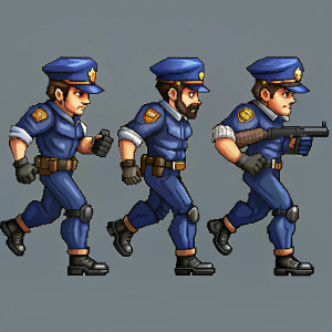 Create a sprite sheet animation to animate the legs of one character. police character with a gun in his hand