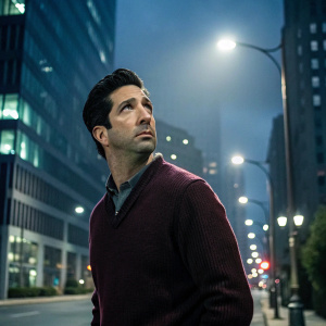 David Schwimmer as Tommy Moran in a intense scene. He is dressed in a marled sweater, giving a serious look. Modern urban street background.