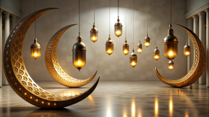 crescent moon shaped hanging light bulb formation, gold theme, middle eastern studio photo room, wide angle