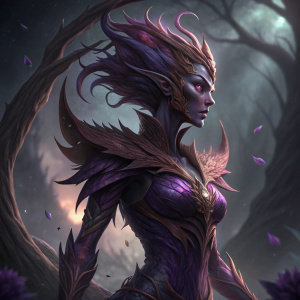 Digital 3D render of Void Zyra, a mystical League of Legends character, showcasing a unique blend of dark purple and deep brown hues.