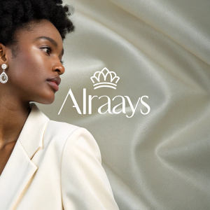 Logo for Alraays, featuring sleek, contemporary font paired with a crown symbol. Highlights women's fashion and accessories. Simple yet striking design.