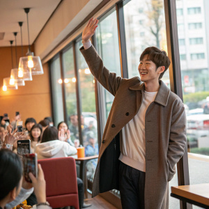 Lee Junho, South Korean actor, dressed in a casual outfit. At a cafe in Seoul, smiling and waving to fans