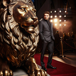 Richard Madden, dressed in a black suit, posing on the carpet of the Toronto International Film Festival. Behind him, a large gold statue