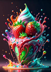 A delicate strawberry colorful luminescence ice cream concept design. Colorful water splash around the ice cream. A refreshing concept akin with a product photoshoot



