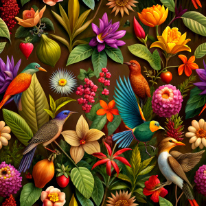 exotic orange craft paper with  purple -red birds  and yellow exotic flowers and wild flowers ,red  canna,flame altey,melon chamomileorange canna , ivy ,sisymbrium ,celosla, purplehyacinth ,saffron ,primrose ,rosemary , iris  , saffron ,primrose ,rosemary , iris  ,flying birds,exotic butterflies 