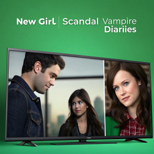 Screenshot from Hulu Plus website featuring 'New Girl,' 'Scandal,' and 'Vampire Diaries.' Green background. Invite users to sign up for free trial with mention of monthly subscription cost. Modern design.