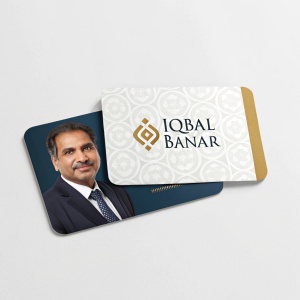 Business cards featuring Iqbal Banar's headshot and motivational quotes. Sleek design with balance of text and visuals.