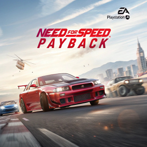Digital artwork for Need for Speed Payback video game featuring sleek red car speeding ahead, helicopters in sky, and blurred cityscape. EA Games and PlayStation 4 logos prominently displayed
