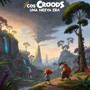 Poster for 'Los Croods: Una Nueva Era', featuring main characters in an adventurous landscape.