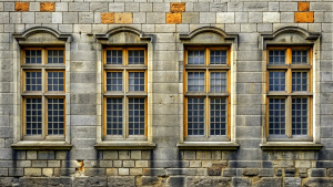 four vintage window,old stone grandwall,gray colour 