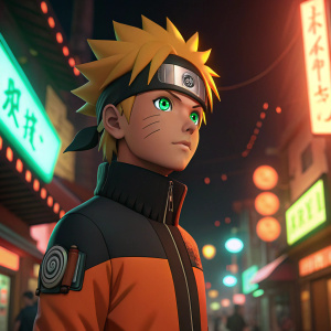Naruto Uzumaki, iconic anime character, in a vibrant 3D render. Green eyes glowing with resolve. His orange and black ninja outfit, standing out against a neon-lit backdrop of a bustling ninja village.