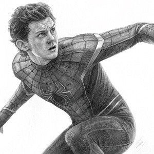 Peter Parker, spiderman, captured mid-action with intense facial expression. Pencil sketch, black and white, dynamic movement, detailed shading