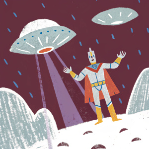 Ultraman King stands amidst an alien battlefield. His mighty form radiates power, dressed in vibrant hues of gold, blue, and red. The cape-like appendage flutters in the wind. An ornate headpiece crowns his helmet.