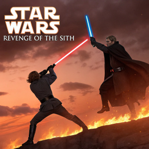 Promotional poster for 'Star Wars: Revenge of the Sith'. An epic scene featuring Anakin Skywalker mid-air, wielding his red lightsaber in a fierce duel against Obi-Wan Kenobi, who is expertly parrying with his blue blade. The backdrop showcases the fiery sky of Mustafar, reflecting the intensity of the moment. A Sith Lord in silhouette looms in the background, casting a menacing shadow.