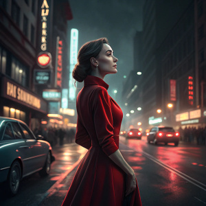 Emmanuelle Beart, elegant actress, in a red dress, standing alone on a bustling city street at night. Bright neon signs and passing cars.