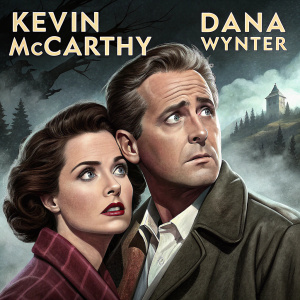 Kevin McCarthy and Dana Wynter in intense poses. Vintage movie poster. Cinematic drama atmosphere