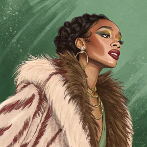 Digital illustration of Winnie Harlow. Bold makeup, detailed fur wrap, green textured background.