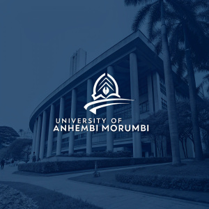 Modern logo design for University of Anhembi Morumbi. Blue color scheme, minimalist style. Clear text in modern font, dark background.