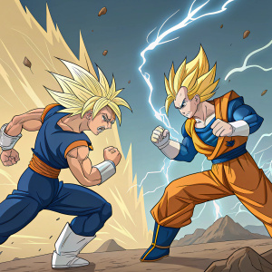 Stylized illustration of Goku and Vegeta from Dragon Ball Z. Intense battle pose, dynamic action background with explosions and lightning.