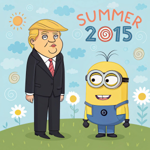 Cartoon illustration. Formal Donald Trump figure standing next to a Minion from Despicable Me series. Both are against a summer 2015 backdrop with playful, stylized elements.